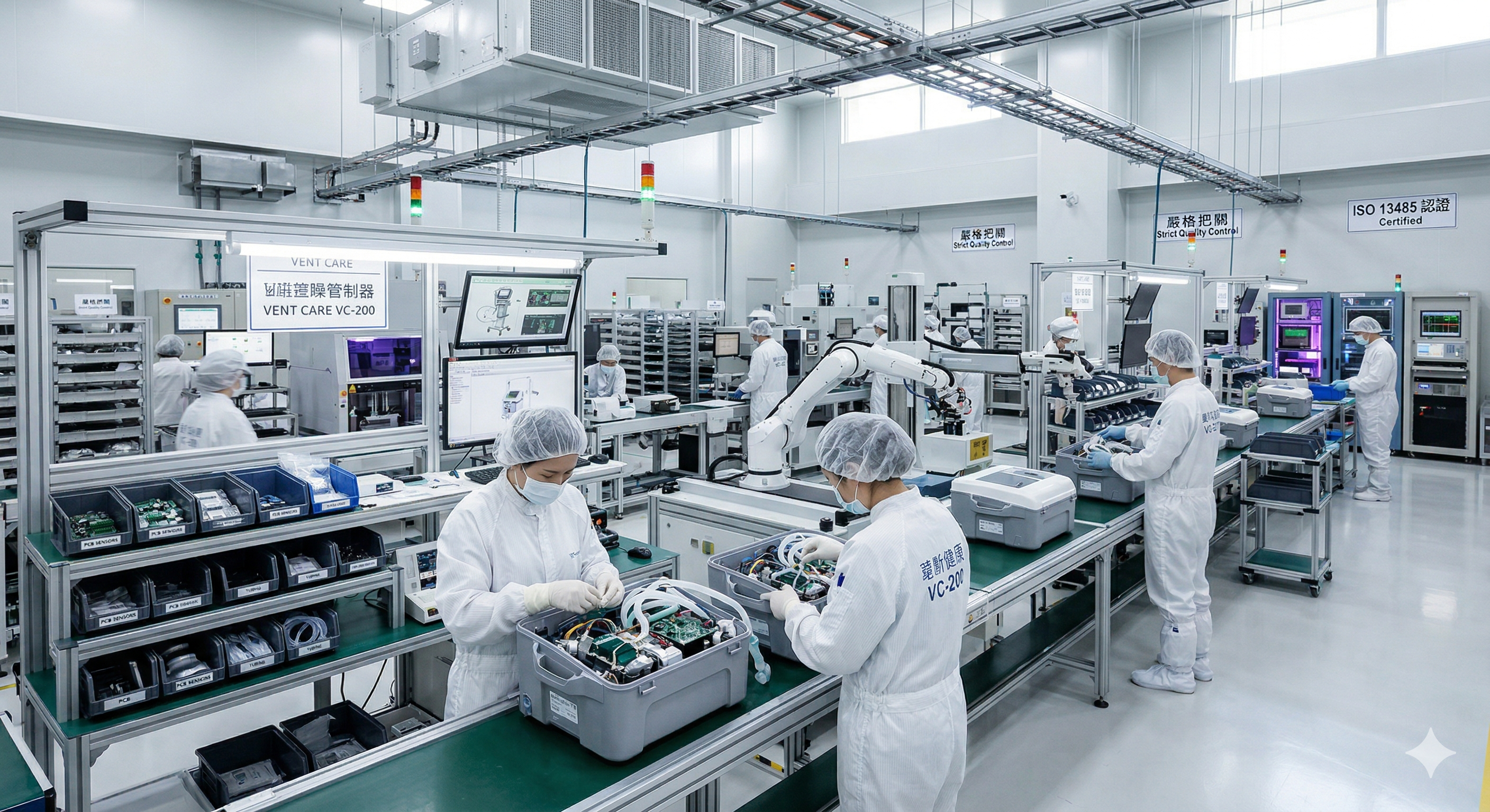 Two technicians assembling medical devices on line